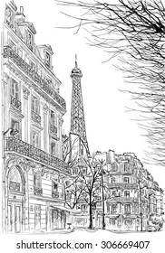 Paris.Ssketch of Parisian street with trees and the Eiffel Tower in the background