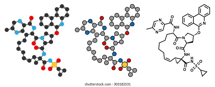 Paritaprevir hepatitis C virus (HCV) drug molecule (NS3-4A serine protease inhibitor). Conventional skeletal formula and stylized representations.
