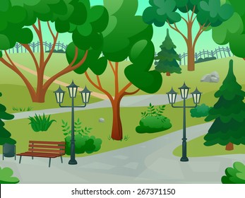 Parque 2d paisaje de juegos con árboles, luces de calle e ilustración plana plana de banco