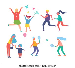 Park activities families resting together isolated icons. Jogging people, mother and kid with balloon, couple playing tennis, active lifestyle vector