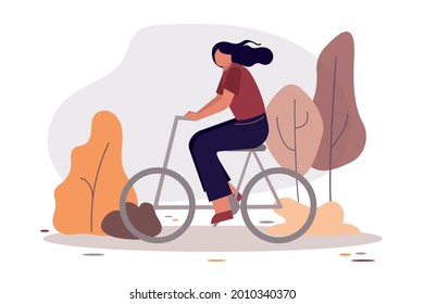 Park activities. Female on bicycle riding in park. Cute girl on bike. Healthy lifestyle. Concept of outdoor recreation and spending active free time. Isolated on white background. Vector illustration