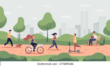 Park activities. Outdoor sport workout and healthy lifestyle, people running, riding bicycle and jogging, park activities vector illustration. Park activity, runner and workout, jogging exercise