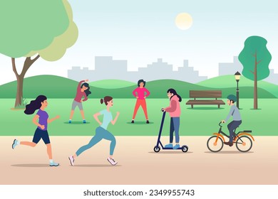 Park activities. Outdoor sport workout and healthy lifestyle, people running, riding bicycle, exercise, and jogging.
