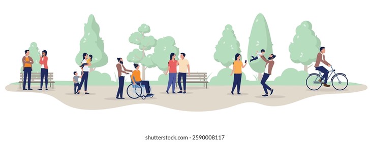 Park activities people - Group of pedestrians outdoors walking and spending recreational time in the municipal local park at a day off or weekend. Flat design illustration on white background