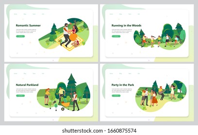 Las actividades en el parque. Banner web publicitario situado en el parque de la ciudad. Deporte y recreación con amigos y familia. Ilustración del vector