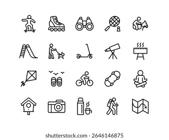 Park Activities Vector Icon Set | Adjustable Line Weight | Skateboard, biking, picnic, yoga, hiking, camera, map, kite, scooter, rollerblade, barbecue, dog, play icons