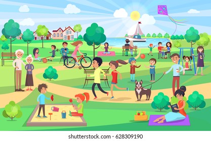 Park activities vector illustration. Kids play together on swings with kite, couples on benches and jogging, man with dog, women do yoga and read book
