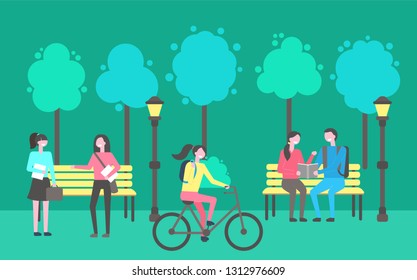 Park activities vector, people sitting and chatting outdoors. Trees and lanterns, wooden benches, lady riding bicycle, woman holding paper notebook