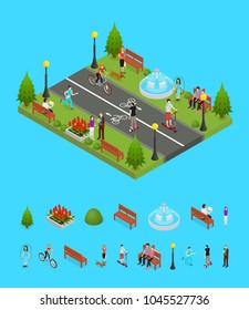 Park Activity in City and Elements Part Recreational Scene for Summer Leisure People and Sports Isometric View Element Map or Game. Vector illustration