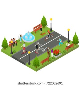 Park Activity in City Recreational Scene for Summer Leisure People and Sports Isometric View Element Map or Game. Vector illustration