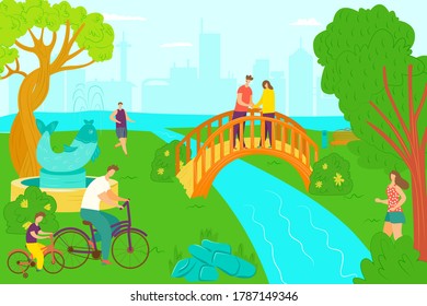 Park activity and happy leisure, vector illustration. Adult people at garden, summer walk on green grass nature. Lifestyle day walk, man woman ar flat outdoors beautiful river and tree.