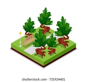 Park alley. Green park alley isometric icon isolated on white bacgkround. Nature map vector illustration for summer parkland landscape

