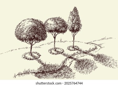Park alley hand drawing, trees and a footpath landscape