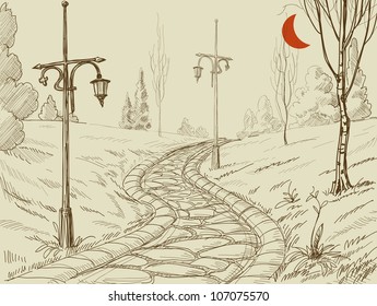 Park alley vector sketch