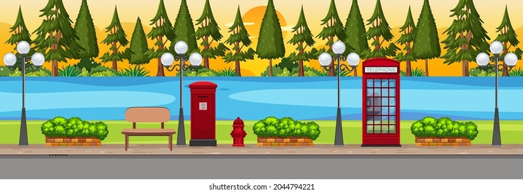 Estacionar a lo largo de la escena horizontal del río en la ilustración del atardecer