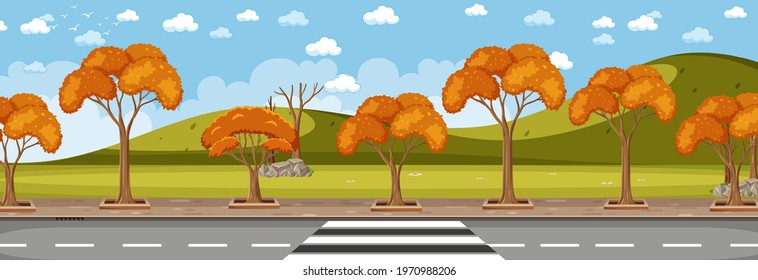 Park along the street in autumn season horizontal scene at day time illustration