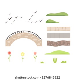 Park architectural landscape constructor design elements, plants, stone path, bridge, birds vector Illustration