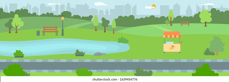 Park area in the city, flat vector illustration. Town public nature park with trees, footpath and a area for environment. Cartoon image of a municipal landscape park with a lake.