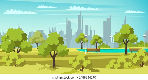 Park area flat vector illustration. City square with green lawns, lake. Urban recreational zone. Countryside location with cityscape in background. Municipal relax territory with benches and lamps