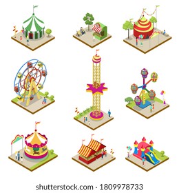 Park attraction set. Isolated isometric amusement park carousel ride, ferris wheel, circus tent, slide, funfair stall icon collection. Summer festival attraction entertainment vector illustration