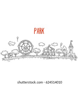 Park with attractions and carousels, neat sketch, square with trees and clouds, children's castle and carousel