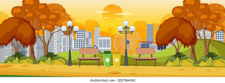 Park in autumn season horizontal scene with cityscape background illustration