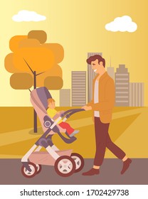 Park in autumn vector, father pushing perambulator with child, autumnal walk leisure people spending weekends, active strolling in city dad and son, concept for Father day