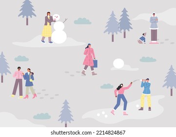 Park Background With A Lot Of Snow. People Are Taking A Walk And Playing In The Snow With Their Friends. Flat Vector Illustration.