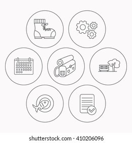 Park, backpack and hiking boots icons. Fish dish linear sign. Check file, calendar and cogwheel icons. Vector