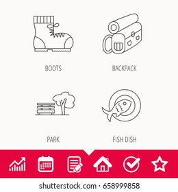 Park, backpack and hiking boots icons. Fish dish linear sign. Edit document, Calendar and Graph chart signs. Star, Check and House web icons. Vector