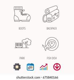 Park, backpack and hiking boots icons. Fish dish linear sign. Calendar, Graph chart and Cogwheel signs. Download colored web icon. Vector
