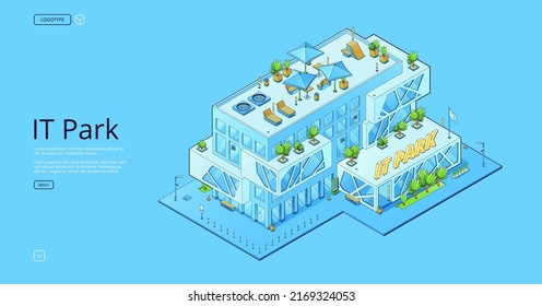 IT park banner with isometric modern business office building. Vector landing page of technopark, workplace for engineers and programmers teamwork for software and technologies development