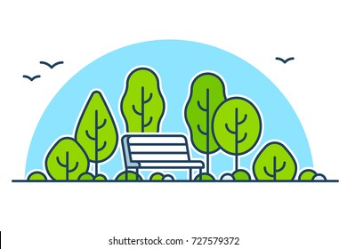 Park bench among green trees, nature and outdoors vector illustration. Simple line icon art style.