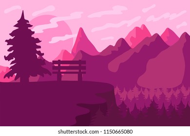 Park bench in the coniferous forest. Outdoor landscape and panorama. Pink sunset or sunrise. Vector