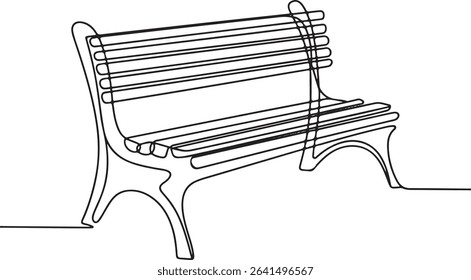 Park bench continuous single line drawing in minimalist style with curved legs and horizontal slats

