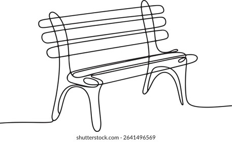Park bench continuous single line drawing in minimalist style with curved legs and horizontal slats

