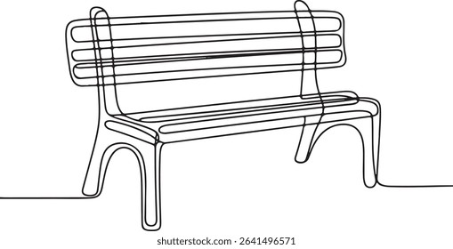 Park bench continuous single line drawing in minimalist style with curved legs and horizontal slats

