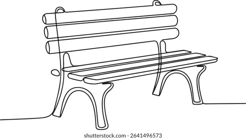Park bench continuous single line drawing in minimalist style with curved legs and horizontal slats

