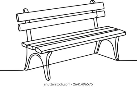 Park bench continuous single line drawing in minimalist style with curved legs and horizontal slats

