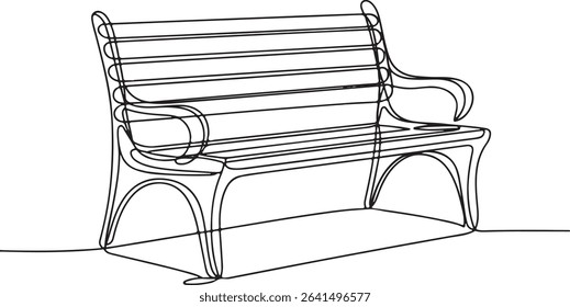 Park bench continuous single line drawing in minimalist style with curved legs and horizontal slats

