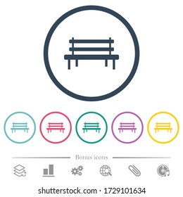 Park bench flat color icons in round outlines. 6 bonus icons included.