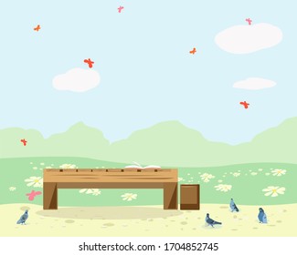 Park with a bench and a forgotten book with doves and flowers in summer