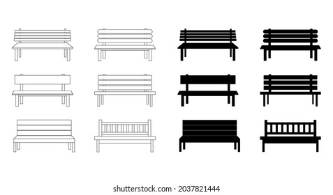 Park bench icon. Comfortable public wooden seat symbol set. Silhouette and outline design. Vector illustration isolated on white. 