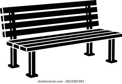 Park bench icon featuring a classic wooden outdoor seating design in a clean black silhouette vector style on a white background. Ideal for parks, public spaces, urban planning, landscape architecture, recreation, wayfinding, city amenities, and outdoor design projects.