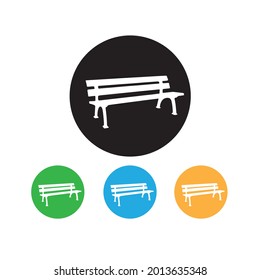 Park bench icon logo in round frame with colorful background. long bench chair in white silhouette, vector illustration.