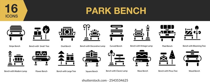 Conjunto de ícones do Park Bench. Inclui parque, banco, árvore, jardim, planta, exterior e Mais. Coleção vetorial de ícones sólidos.