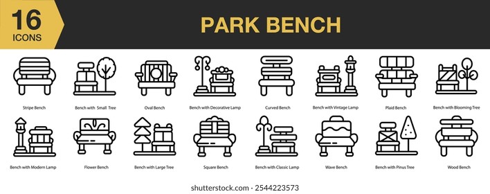 Conjunto de ícones do Park Bench. Inclui parque, banco, árvore, jardim, planta, exterior e Mais. Contornar coleção de vetores de ícones.