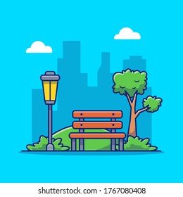 Park Bench And Lamp, Grass Cartoon Vector Icon Illustration. Outdoor Park Icon Concept Isolated Premium Vector. Flat Cartoon Style