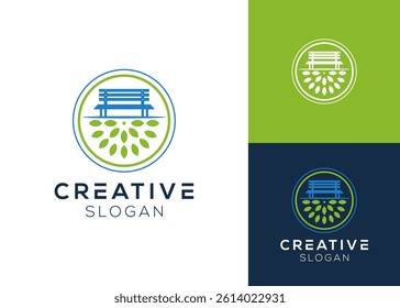Park bench and leaf logo design for gardening and outdoor