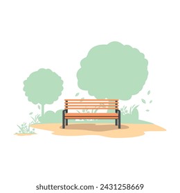 A park bench made of wooden planks and an iron frame against a background of abstract trees and flowers. Vector illustration in simple style.